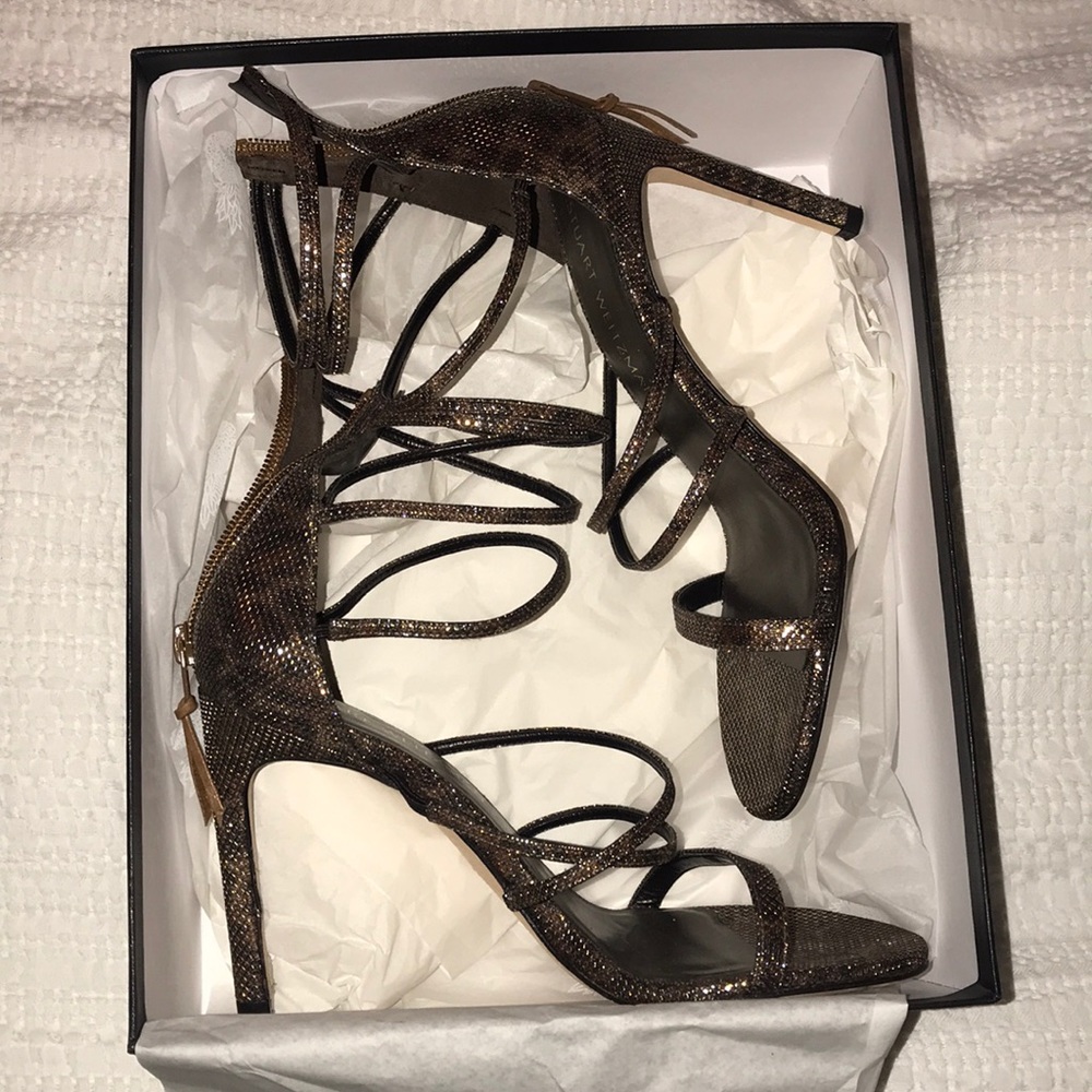 Stuart Weitzman metallic snake strappy heels